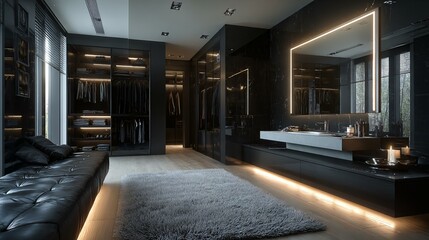 A minimalist dressing area with a glossy black wardrobe, floating white vanity desk, full-length mirror with LED backlight, and a plush area rug on pale wood flooring, no text