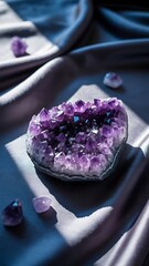 Amethyst geode cluster on purple silk fabric