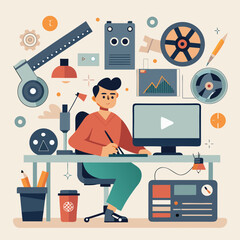 man with computer Vector icon illustration silhouette Graphics design image white background
