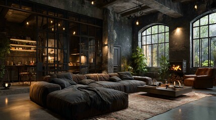 An industrial chic loft space with a black steel-framed wardrobe, exposed ductwork, polished concrete floor, and a soft wool rug for textural warmth, no text