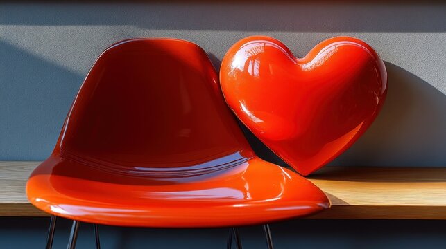 Red chair and heart-shaped object on a wooden surface - Powered by Adobe