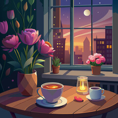 cup of coffee and flowers Vector icon illustration silhouette Graphics design image white background
