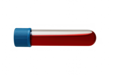 Medical test tube containing blood sample, isolated on transparent background, ready for laboratory analysis