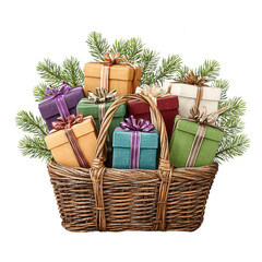 A wicker basket filled with colorful gifts decorated with pine branches