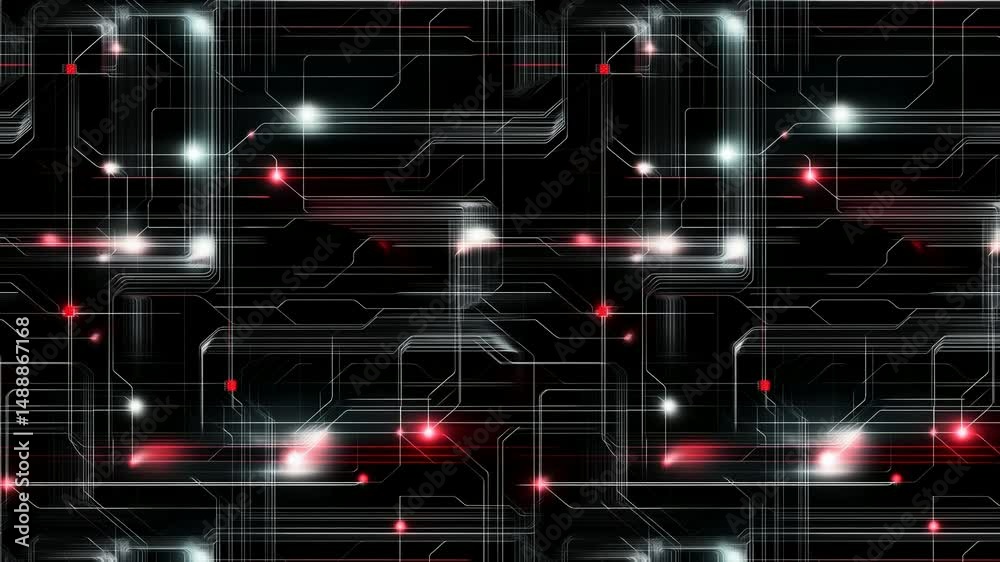 Poster seamless loop of futuristic black cyber circuit patterns with glowing red lights.