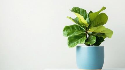 Fototapeta premium Lush Green Fiddle Leaf Fig in a Blue Pot Against a White Background
