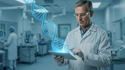 Man scientist analyzes digital dna helix in science lab. Future medical discovery with genetic engineering and biotechnology concept footage. - Powered by Adobe
