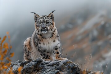 Obraz premium A lynx sits atop a rock, autumnal mountain scene