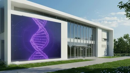 Modern laboratory building facade with large screen displaying a purple dna helix, representing genetics research, biotechnology, and science application footage. - Powered by Adobe