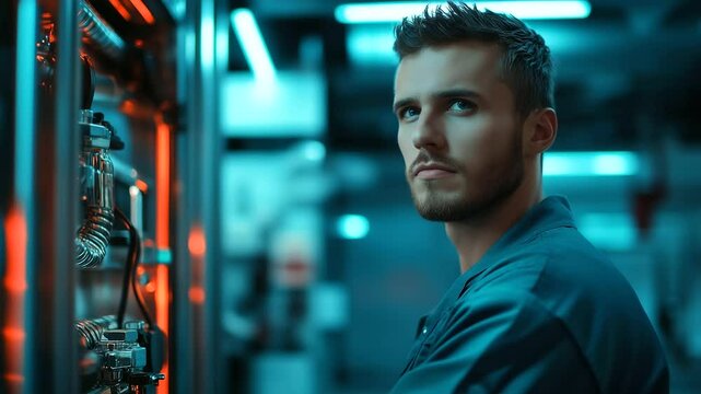 Mechanic with bright eyes and confident smile stands inside a high-tech repair bay, chrome tools and pneumatic hoses visible, sense of professionalism and warmth