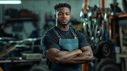 Portrait of a confident African American mechanic standing proudly with arms crossed in a busy auto repair shop, oil-streaked overalls, tools hanging behind him, glowing under warm