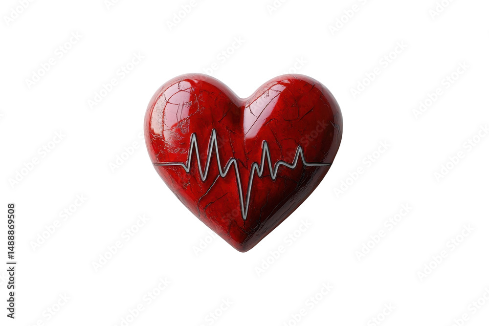 Poster Heart shape with heartbeat line depicted in red and white colors, featuring a transparent background suitable for various design applications and health-related projects