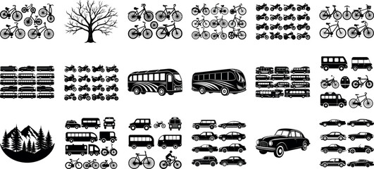 various car bus bike, cylce, truck silhouette set 