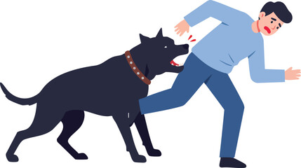 Man being attacked by aggressive black dog running fast in vector illustration