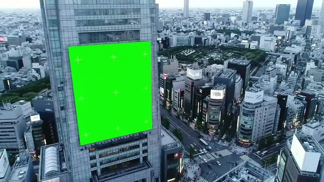 Large billboard with green screen on modern building at busy Tokyo crossroad, neon lights glowing, timelapse of traffic flow, vibrant cityscape, perfect for digital advertising and urban visuals