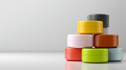 A colorful stack of round containers on a minimalist surface, perfect for organization.