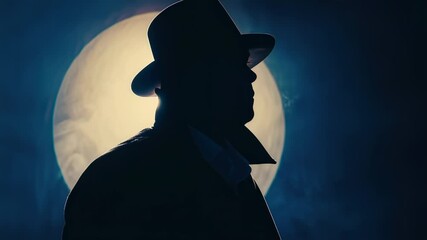Silhouette of a mysterious man in a fedora against a moonlit backdrop, evoking a film noir style - Powered by Adobe