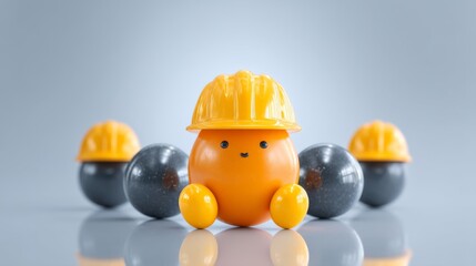 A cute orange construction worker with a hard hat and black construction materials.