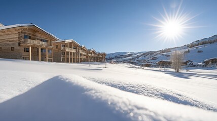 Obraz premium Luxury Mountain Resort with Wooden Chalets in Sunny Winter Landscape