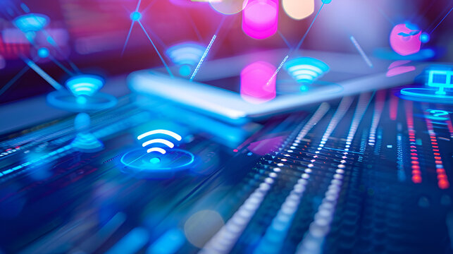 Close up of abstract technology with wifi symbols and glowing lights in blue and pink tones