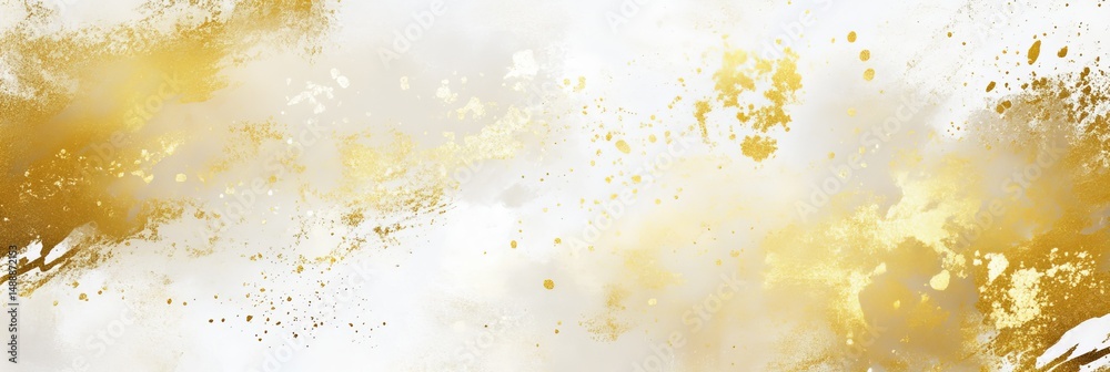 Poster Abstract gold and white background with soft textures and scattered paint splashes creating a dynamic visual experience