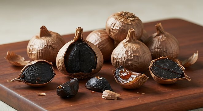 Fermented black garlic bulbs on a wooden board. Sweet umami flavor, soft texture, gourmet ingredient