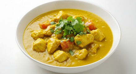 Curry aromatic yellow chicken and vegetable stew styled in minimalist bowl with fresh cilantro under soft warm lighting ideal for recipe blogs restaurant menus and editorial use