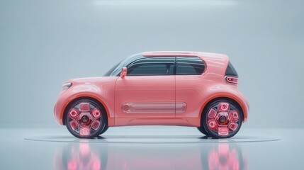 A modern pink car showcasing innovative design and technology in a minimalist studio.