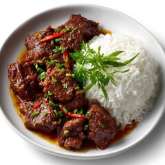 Beef stew over rice, richly sauced, garnished with herbs and chili