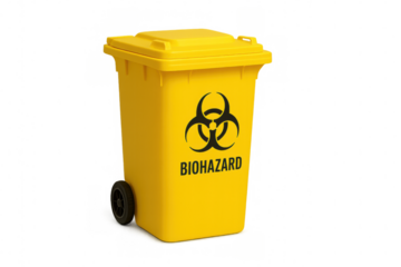 Yellow biohazard medical waste container standing on transparent background, representing medical waste disposal and safety