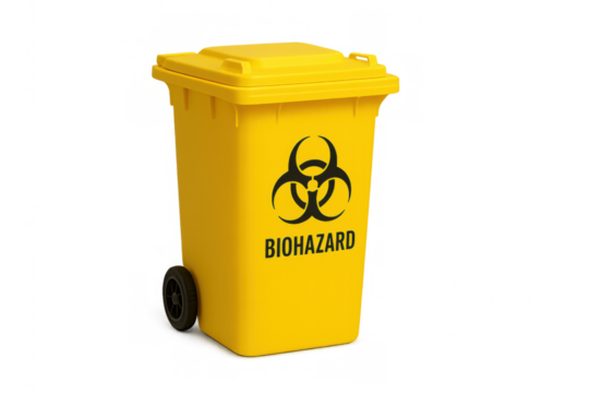 Yellow biohazard medical waste container standing on transparent background, representing medical waste disposal and safety