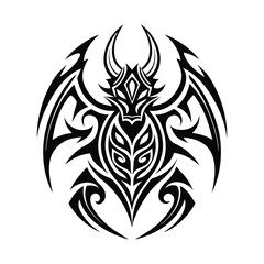 A stylized black dragon design with tribal elements on a white background tattoo style illustration