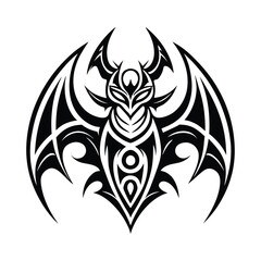 Stylized black and white tattoo design of a bat with intricate details and sharp wing patterns isolated