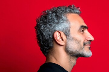 Obraz premium Elegant men's high fade haircut - midlife arabian man with curly hair. A man with a soft expression in a peaceful setting. Conceptual art of style for aging men. Red solid background.