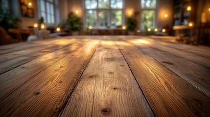 Wooden table, cafe interior, warm light