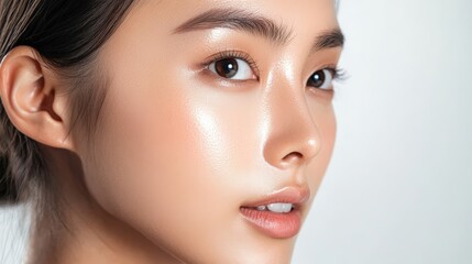 Fototapeta premium Close-up portrait of a woman with glowing skin.