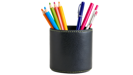 Elegant Black Leather Desk Organizer with Colorful Pencils and Pens