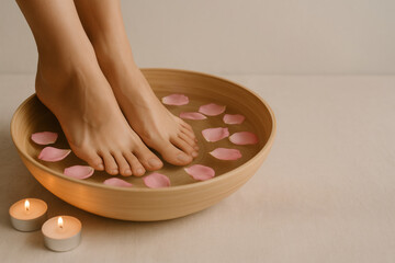 Relaxed feet in spa bowl with rose petals and candlelight for soothing experience