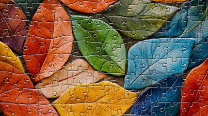 Colorful Autumn Leaves Jigsaw Puzzle Abstract Art Background Design Image for Print Autumnal Fall Season Nature Theme Multicolored Leaf Pattern Graphic Resource blue gold