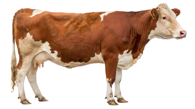 Brown and White Simmental Cow Isolated on Transparent Background