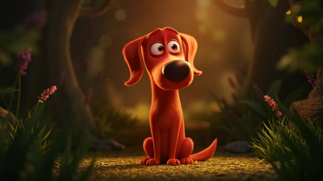 Cartoon dog with big eyes looking sad sitting in a forest clearing against a blurry background.
