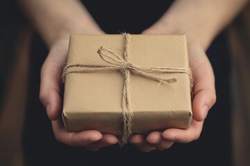 Hands holding a small wrapped gift box with twine on a dark background close up centered shot