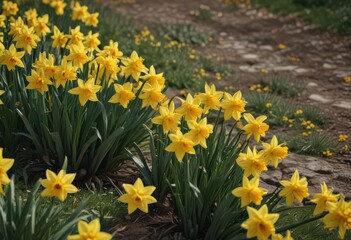 Fototapeta premium Dense cluster of daffodils, vibrant yellow petals, green stems, floral, bloom, flowers