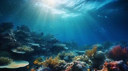 Fototapeta premium Underwater coral reef scene with sunlight