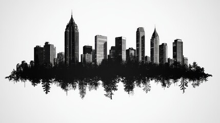 Fototapeta premium Abstract cityscape silhouette isolated on white background, cut out, modern urban skyline shape with clean edges, minimalistic design emphasizing city structure.
