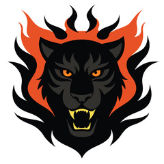 Black tiger head silhouette surrounded by orange flames rising upward.