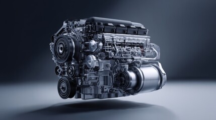 Fototapeta premium Close-up of a detailed, modern automotive engine against a sleek background.