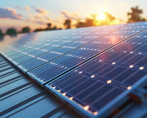 Golden hour lighting effect. Rooftop solar panels reflecting sunlight at sunset. Perfect for sustainability campaigns, eco-friendly architecture, or renewable energy promotions.

