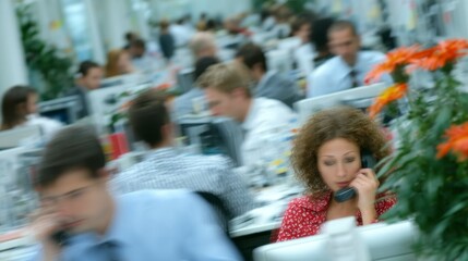 Obraz premium Busy Office Environment with Professional Workers Engaged in Various Activities Including Phon