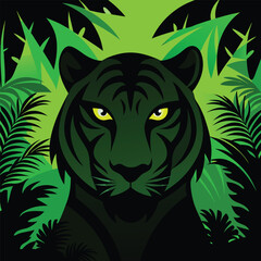 Tiger head silhouette in black with glowing green eyes and jungle background